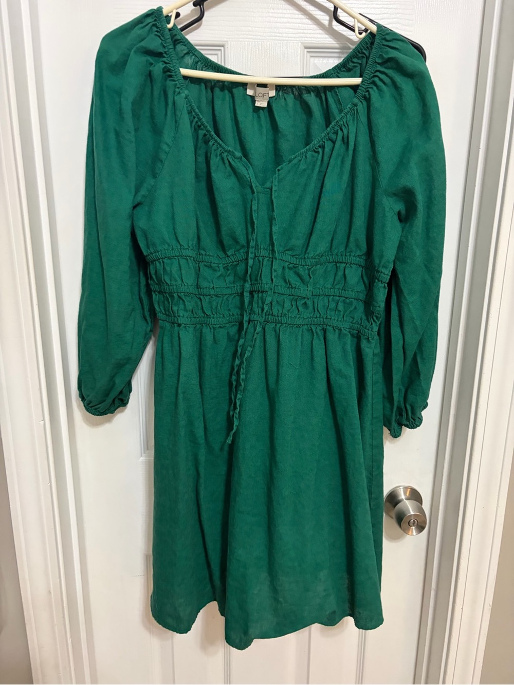 LOFT Green Long-Sleeve Smocked-Waist Dress